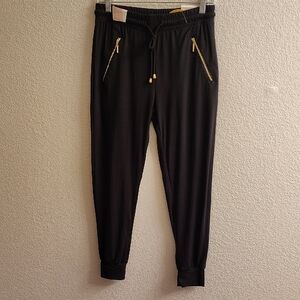INDERO Women's Black Joggers with Gold Zipper Detail And Draw Strings B16 X